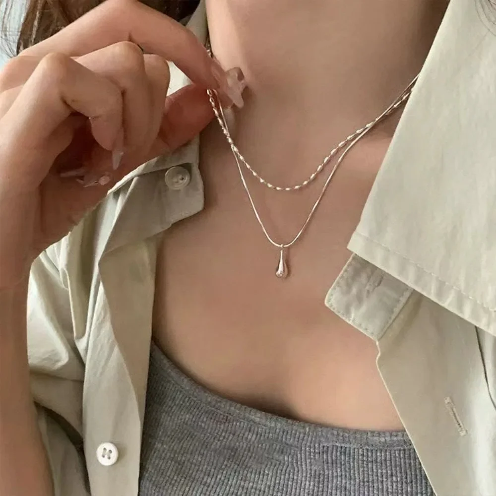 Neue Silber Farbe Einfache Design Tropfen Anhänger Halskette für Frauen Doppel Kragen Kette Mode Schmuck Geschenk Lange Layered Halsband