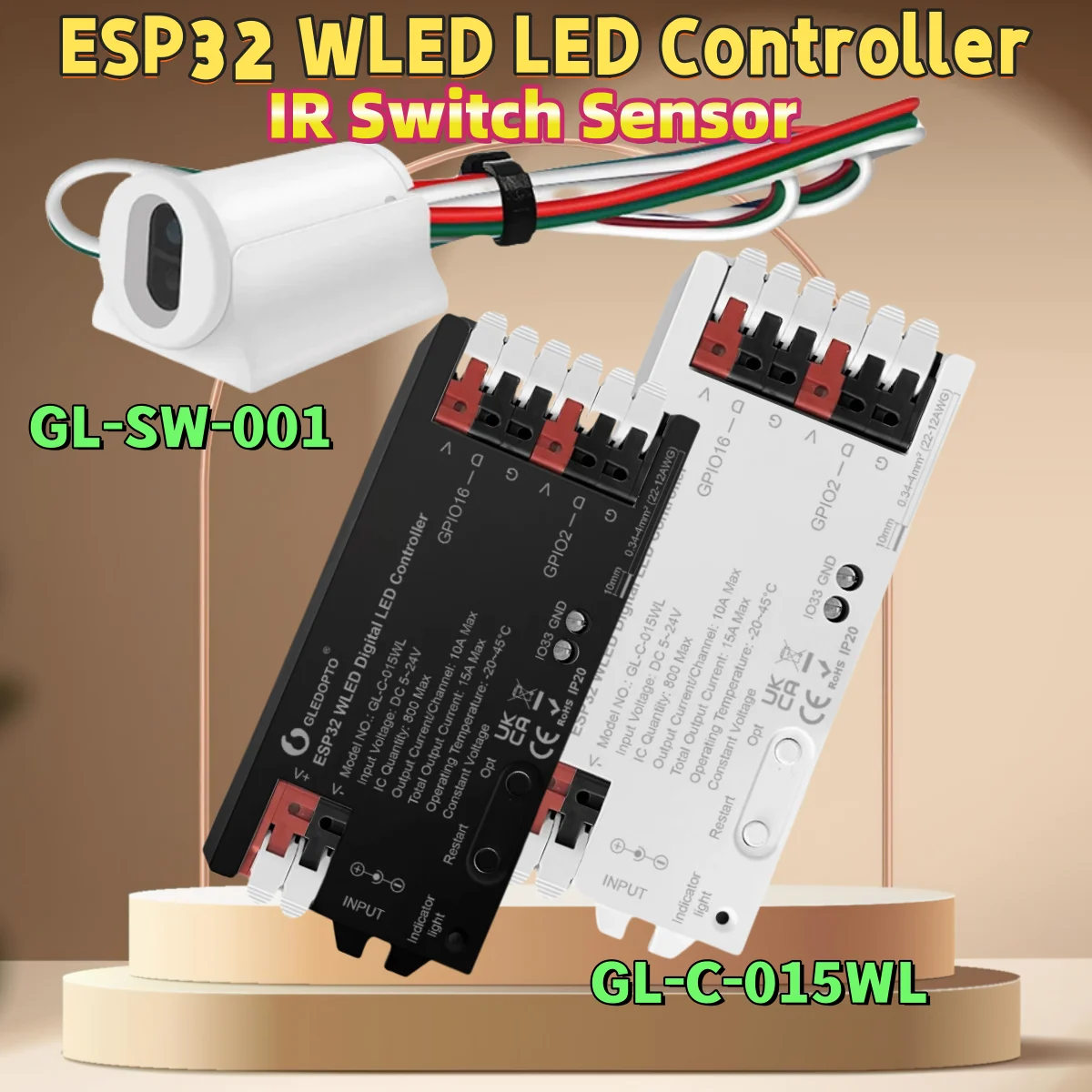 LED Strip Light ESP32 WLED LED Controller GL-C-015WL/ IR Switch Sensor GL-SW-001 RGBIC Gesture-Aware Trigger WS2811 SK6812 Strip