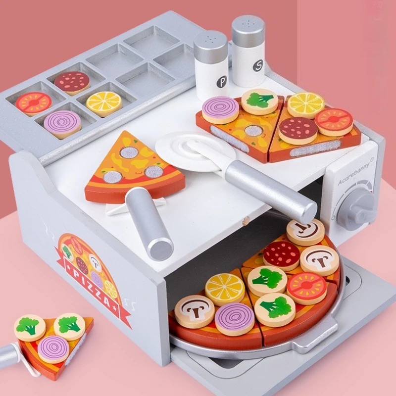 Crianças simulação comida cozinha brinquedos de madeira pizza corte fingir jogar casa forno churrasco rack conjunto crianças brinquedos educativos cozinhar