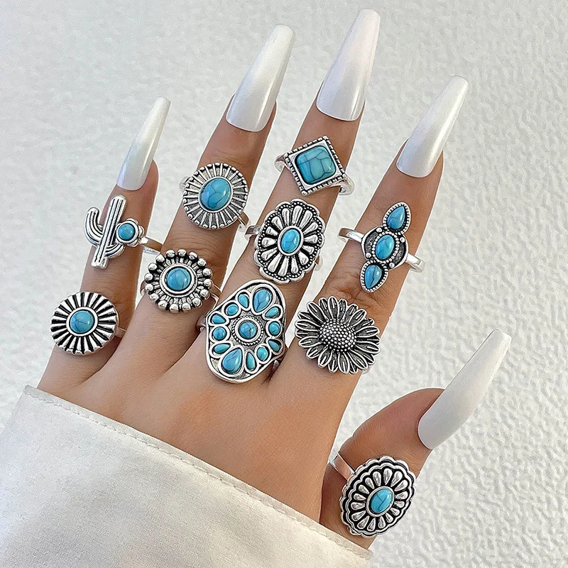 Stone Flowers Joint Ring Sets for Women Men Charms Cactus Carve Geometry Jewelry 10pcs/sets Anillo