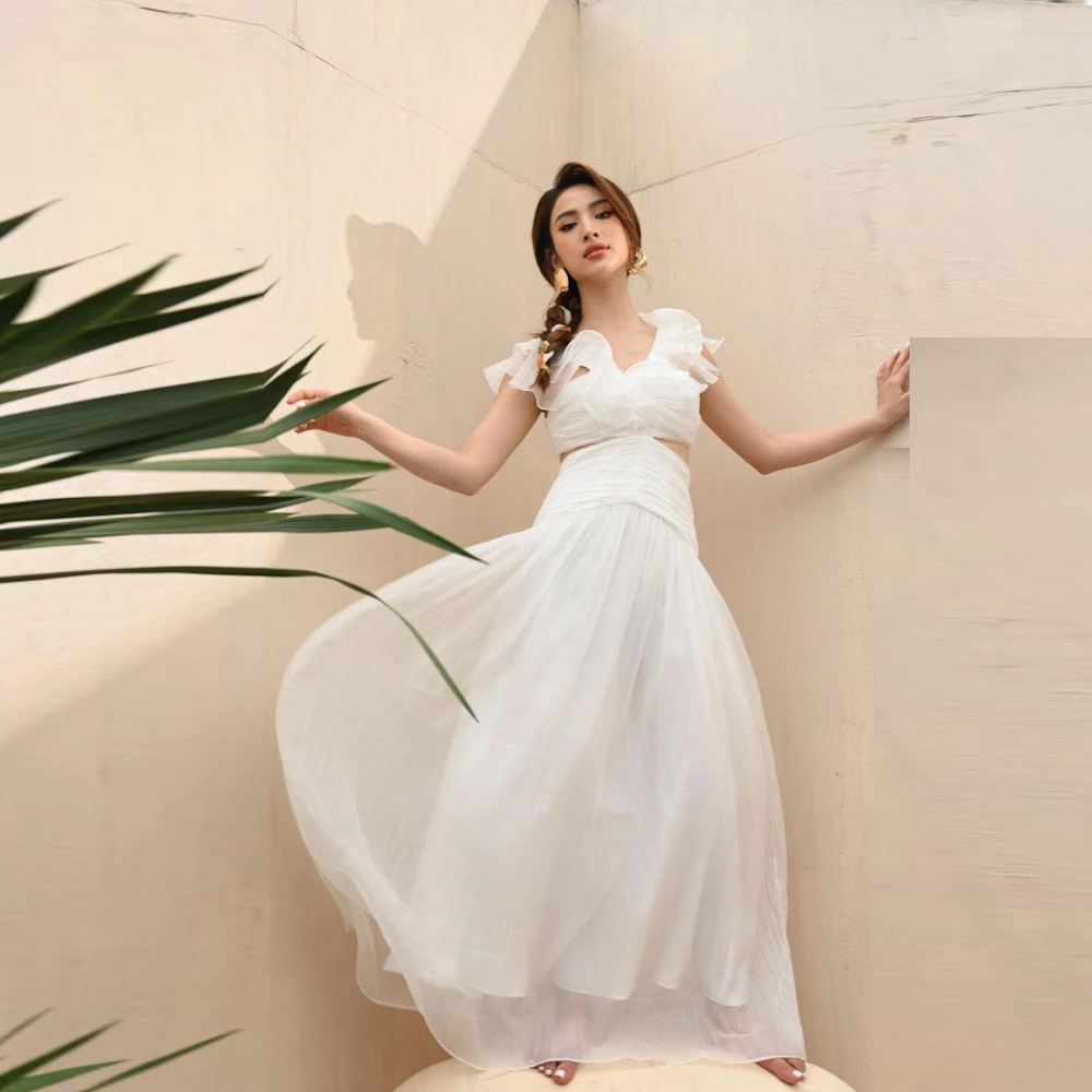 

ROSELLA Ivory V Neck Maxi Dress Cape Sleeves Ruffles Flowy Style Formal Gown Ankle Length Pleated A Line Cut Out Evening Gown