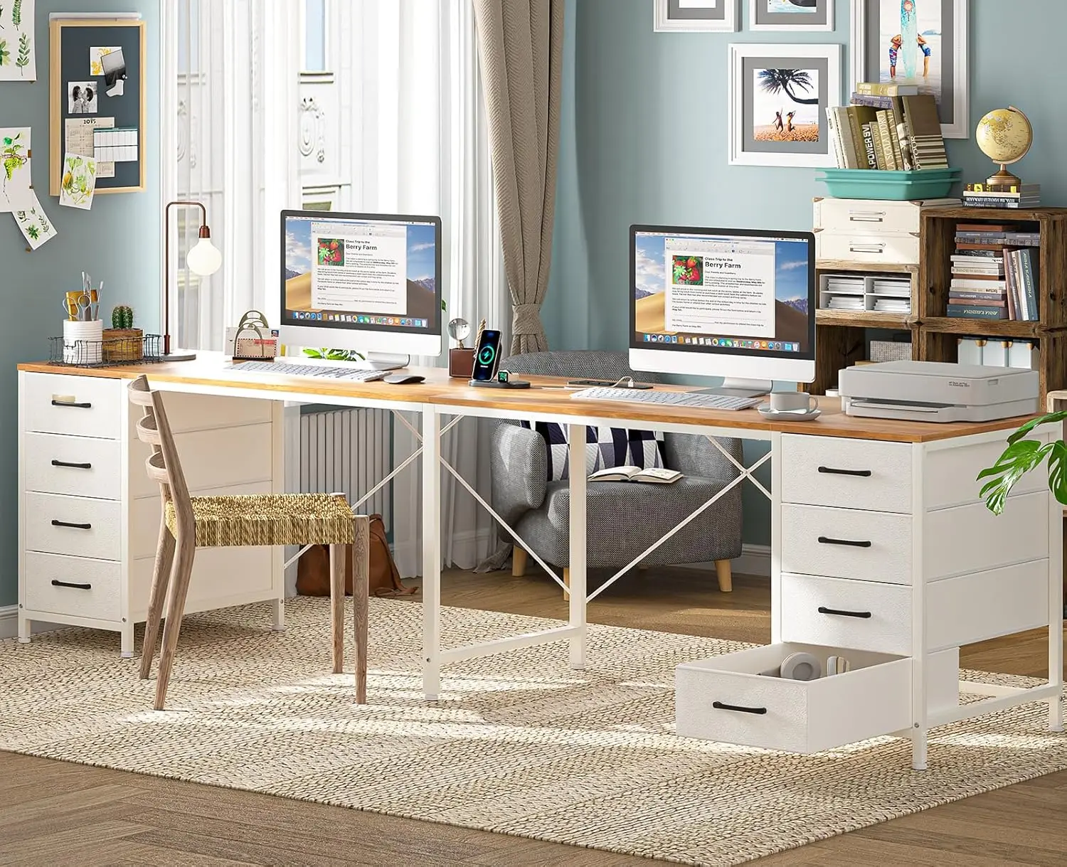 مكتب لشخصين مع 8 أدراج، محطة عمل على شكل حرف I، أبيض عتيق، منافذ USB #5