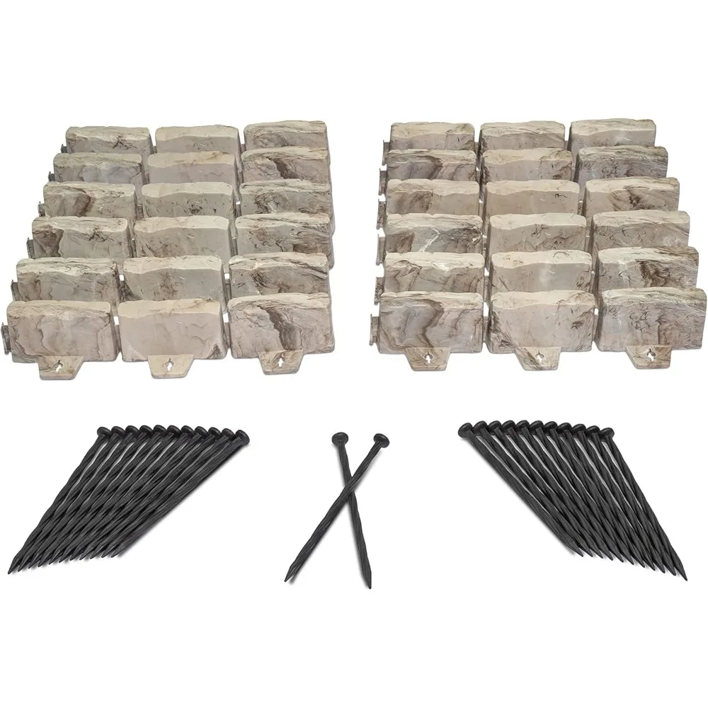 

EasyFlex No-Dig Landscape Edging with Anchoring Spikes, 2.7 in Tall Decorative Stone-Look Garden Border, 15 Foot Kit, Brown
