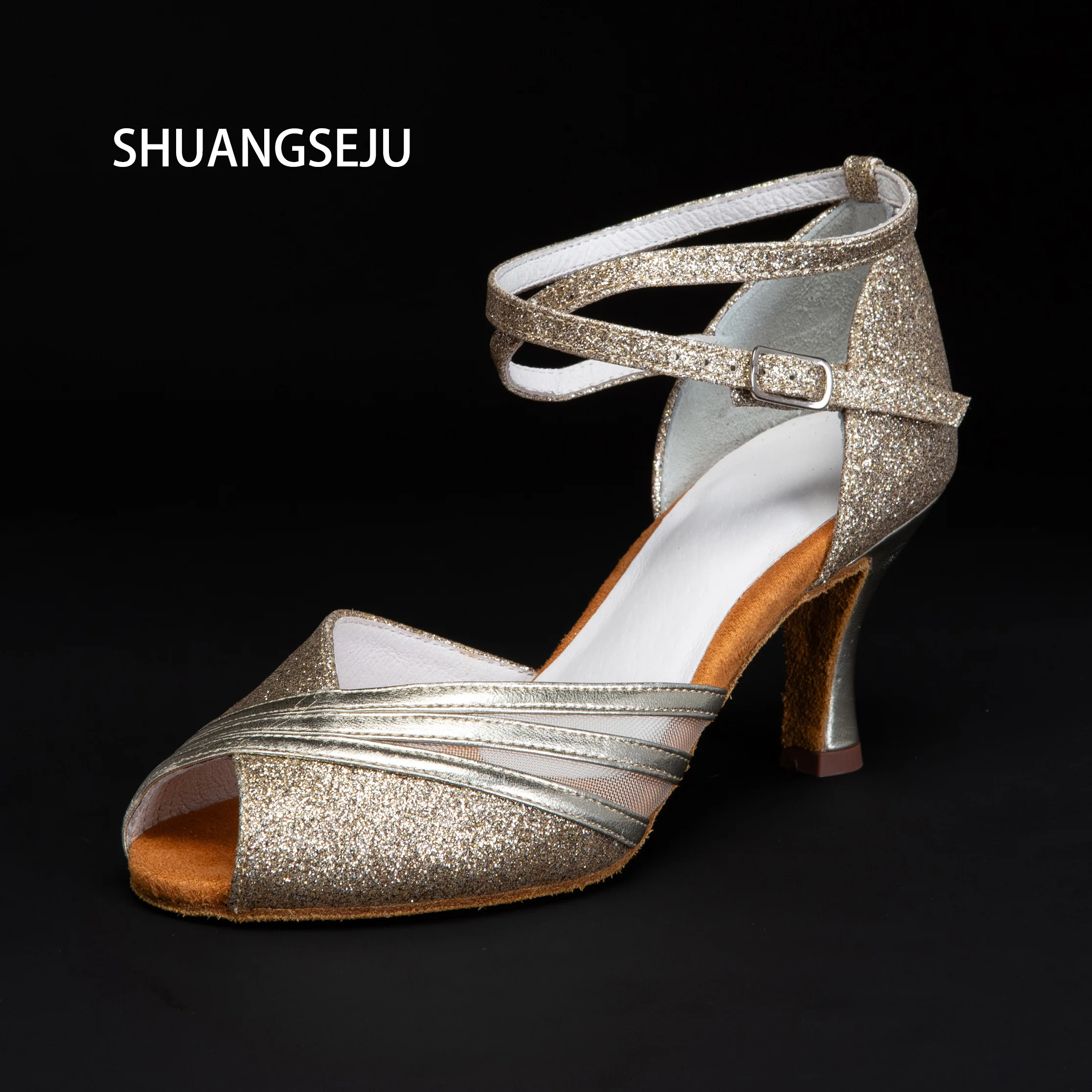 

SHUANGSEJU New silver Latin dance shoes, professional national standard adult women salsa bachata performance shoes, soft soles