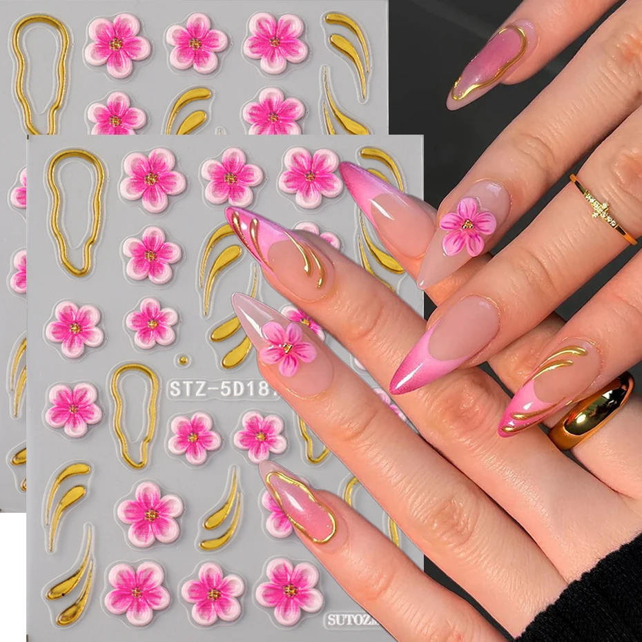 5D Goldene Linien Hibiskusblüten Nagelaufkleber Metallische Asymmetrische Quadratische Rahmen Rosa Rote Blütenblätter Abziehbilder für Nageldekoration