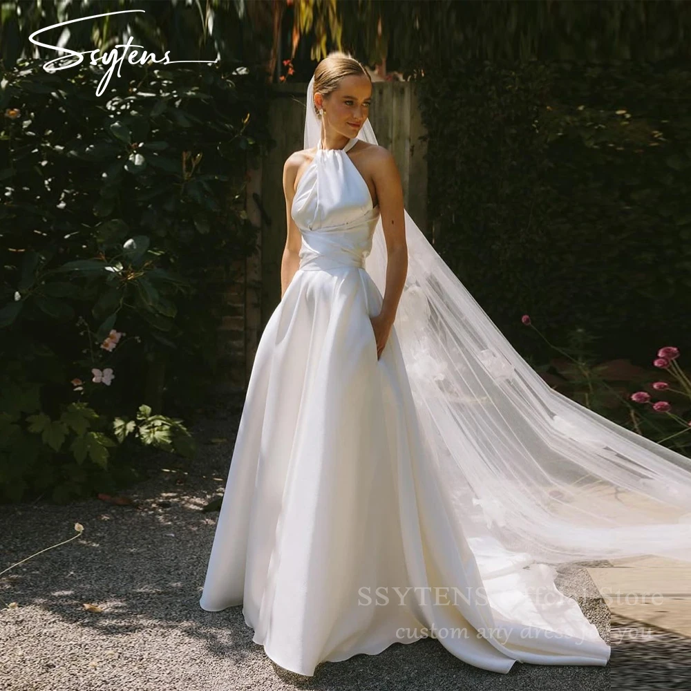 

SSYTENS Elegant Halter Sleeveless Wedding Dresses For Women Simple Stain Bride Gowns Customized Long Civil Wedding Bridal Dress