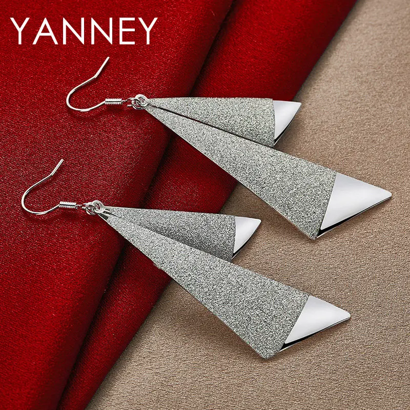 

Charm 925 Sterling Silver 80MM Long Frosted Geometric Earrings For Fashion Women Engagement Wedding Jewelry Accessories