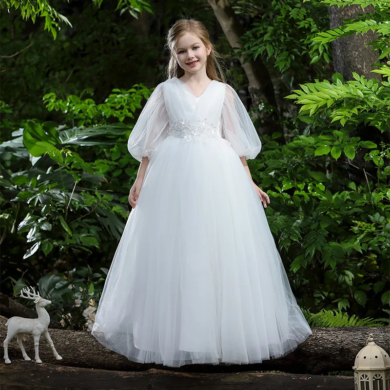 Baby Kids Princess Tulle Beading Bow Flower Girl Dress Children First Communion Dress Ball Gown Wedding Party Dress Birthday view 5