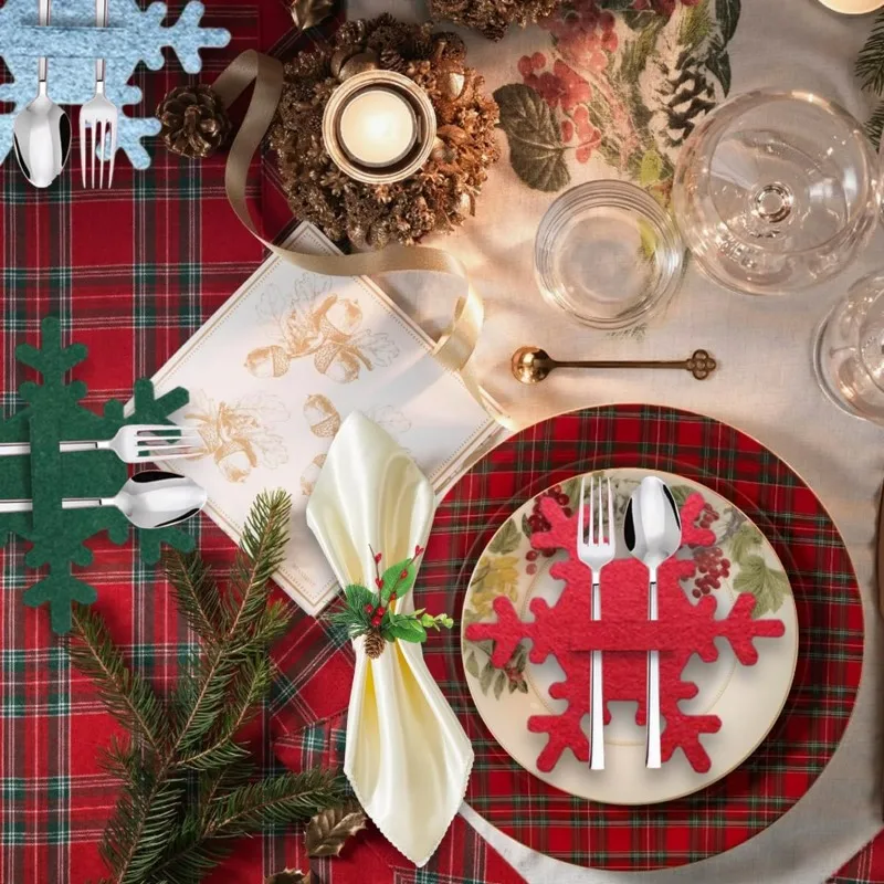 12-240pcs Christmas Cutlery Holder Non-woven Fabric Xmas Tree Cookware Table Tools Red Green Snowflake Fork Spoon Cutlery Bags