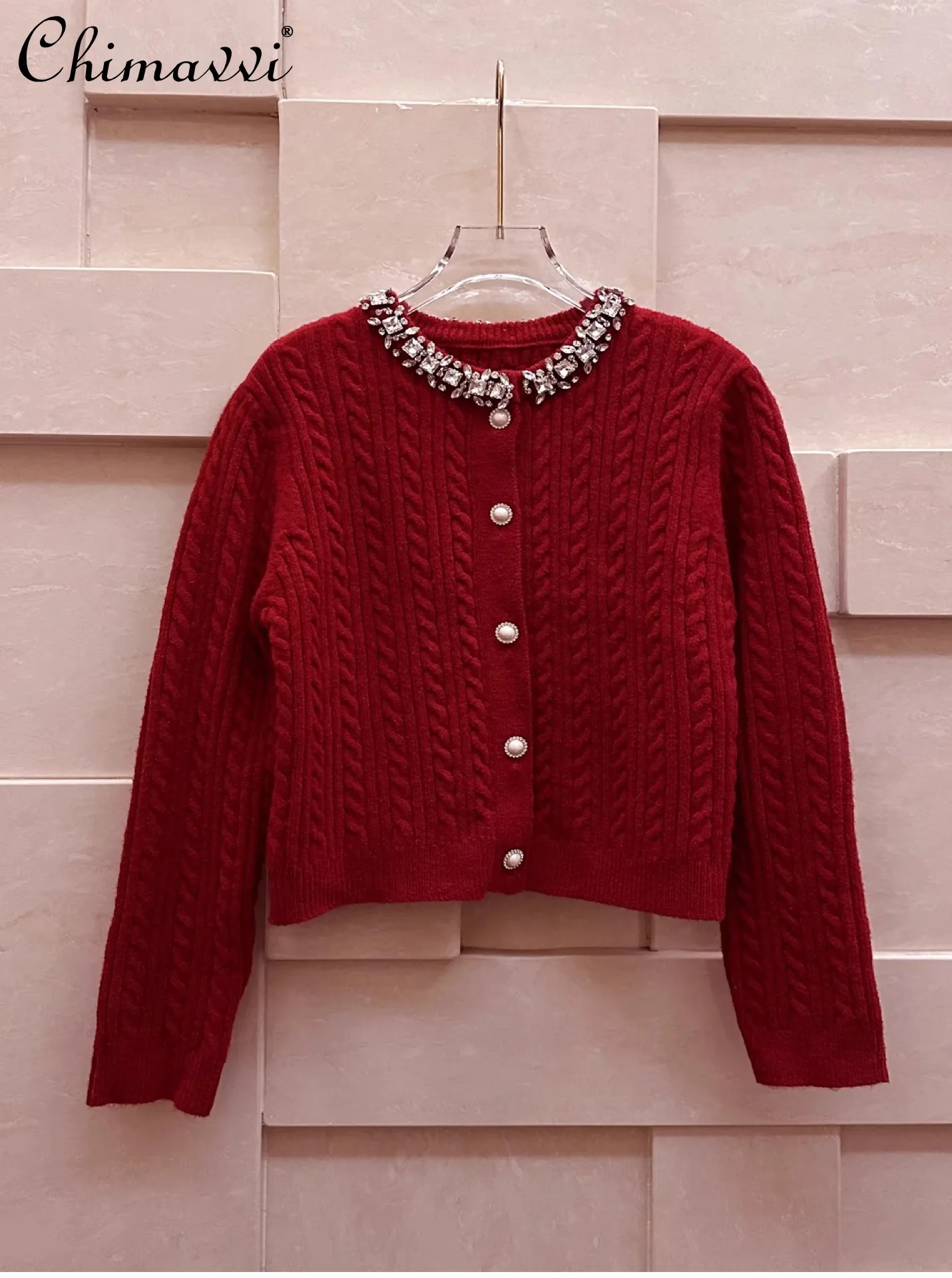 

Spring New Fashion Round Neck Single Breasted Knitting Sweater Women's Luxury Handmade Beading Diamond Long Sleeves Women's Tops