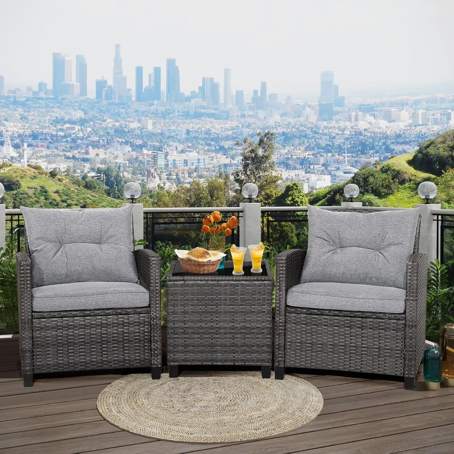 Wicker Patio Furniture Sets,3 PCs Rattan Sofa Set, Outdoor Conversation Set with Tempered Glass Tabletop, Steel Frame, Grey