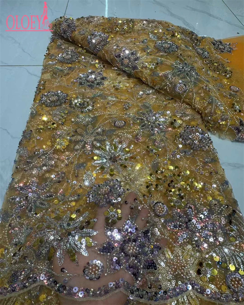 ผ้าลูกไม้ปักเลื่อมและลูกปัดสไตล์แอฟริกัน OLOEYLuxury คุณภาพสูง ปี 2025 ผ้าลูกไม้ฝรั่งเศส ผ้าลูกไม้ไนจีเรีย