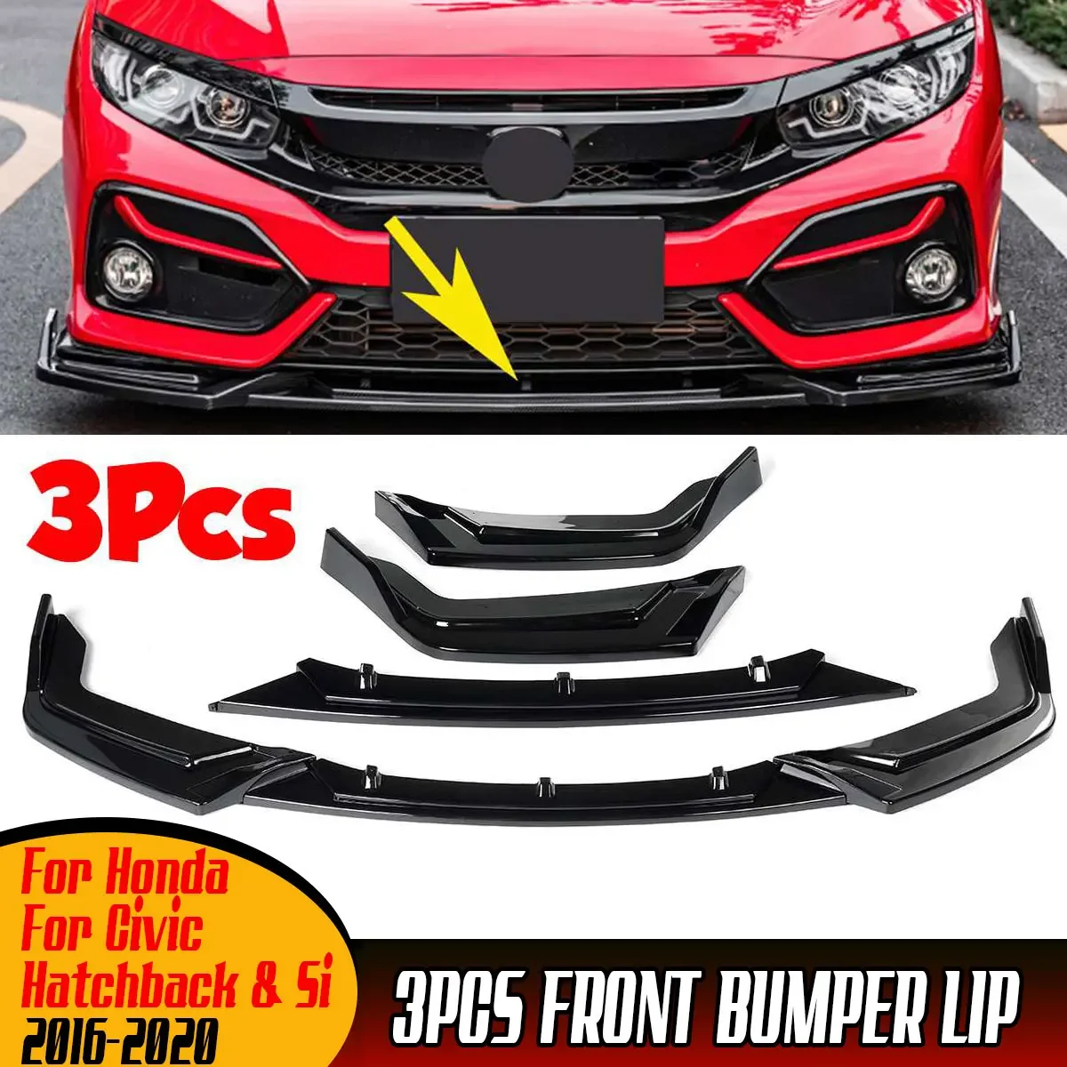 

3PCS Car Front Bumper Lip Body Kit Spoiler Diffuser Protector Cover Deflector Lips For Honda For Civic Hatchback & Si 2016-2020