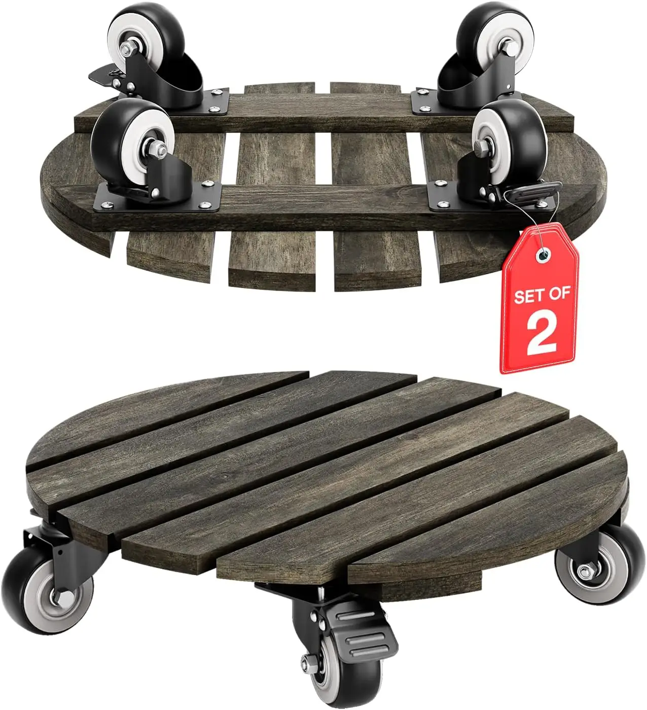 

Комплект из 2-х деревянных подставок для растений на колесах, грузоподъемность 120 кг, 12-дюймовая тележка из акации для тяжелых горшков и предметов - черная