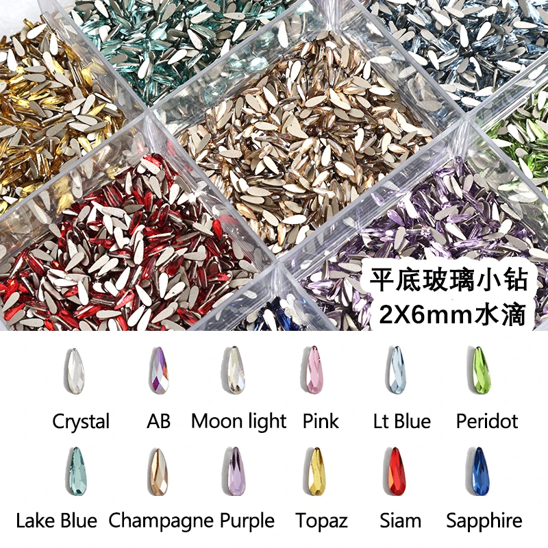 Mini 2X6MM Shiny Drop Shape Flat Back Nail Art Rhinestone 12 Color Glass Stone DIY Manicure Decorations Diamond 100Pcs