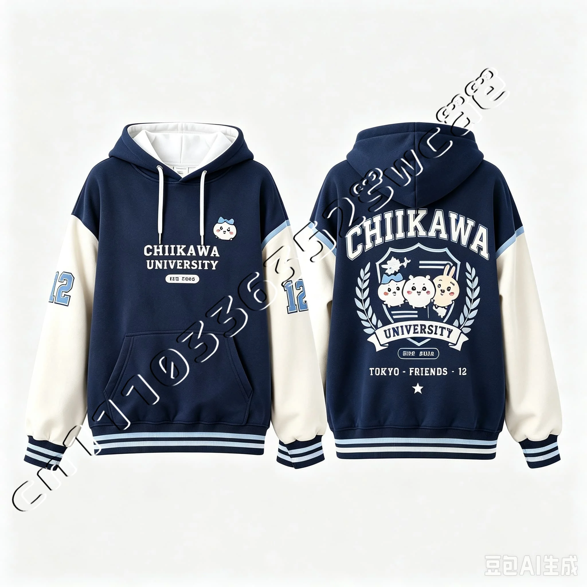New Chiikawa University Colorblock Hoodie Cartoon Print Fan Couple Sweatshirt FamilyMatching