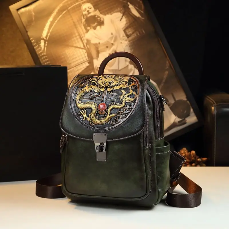 Retro National Style Leather Backpack Female Dragon Year Embossment Large Capacity Single Shoulder Multi-functional Travel Bag