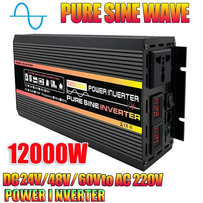 

12000W Power Inverter Pure Sine Wave Car Inverters Voltage Transformer LED Display Home Outdoor DC 24V-60V to AC 220V Converter