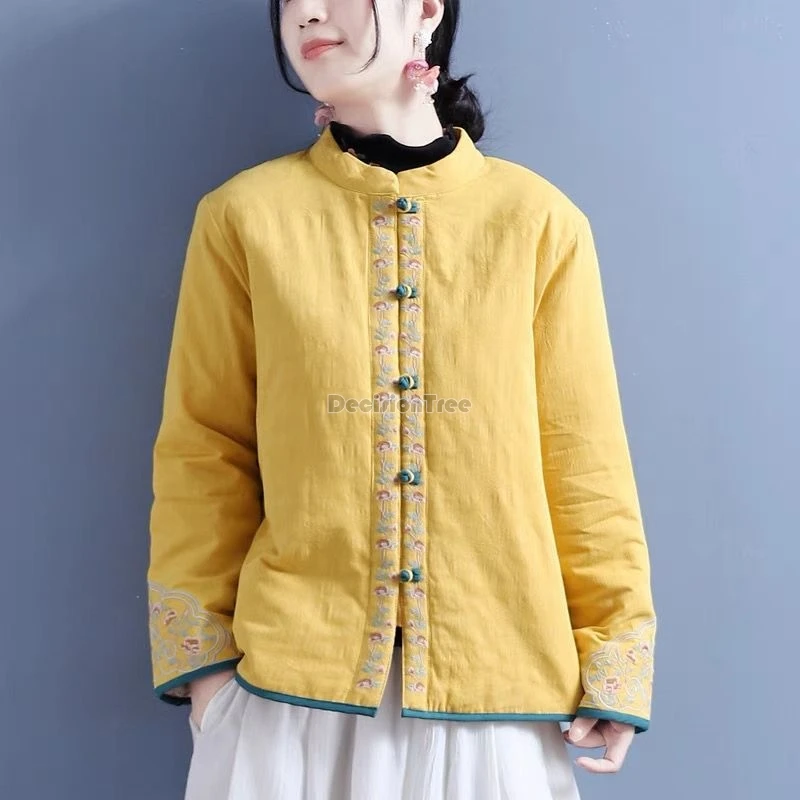 

2024 winter new cotton linen patchwork coat chic embroidery chinese style stand collar cotton garment retro loose versatile coat