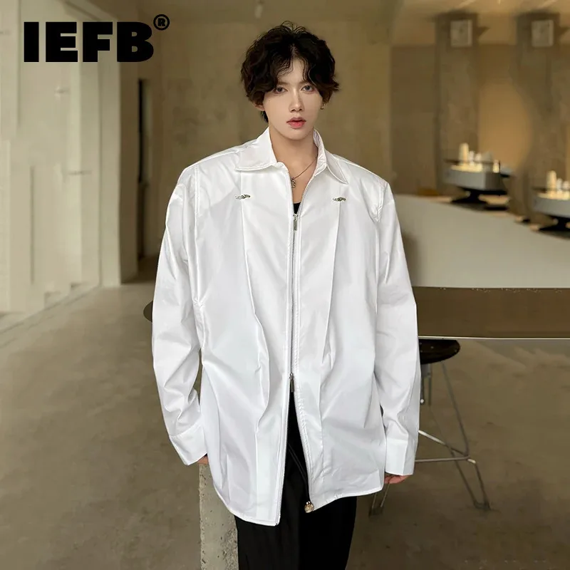 IEFB Korean Style Men's Shirts Turn-down Collar Loose Long Sleeve Zipper Casual Solid Color Simple Male Tops Trendy New 9C8338