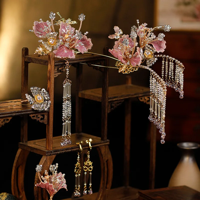 الذهبي الوردي الجديد الصينية Xiuhe غطاء الرأس مشبك شعر شيونغسام Hanfu اكسسوارات الحد من العمر سوبر شرابة Xiuhe الملابس