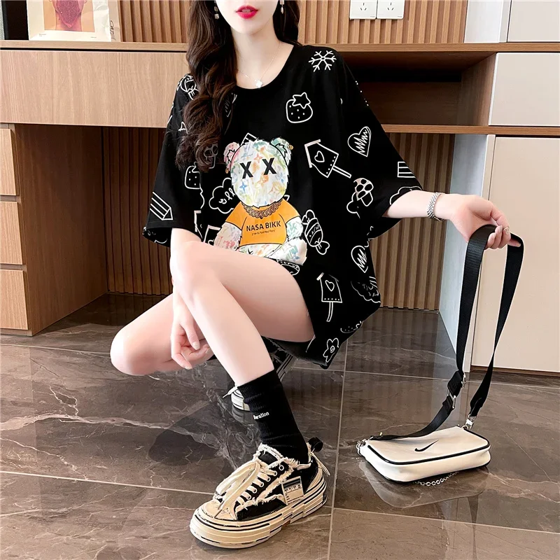 Summer Korean Style Loose Mid-length Designer Top Bear Print  Short-sleeved T-shirt Women Kawaii Clothes Graphic Tees