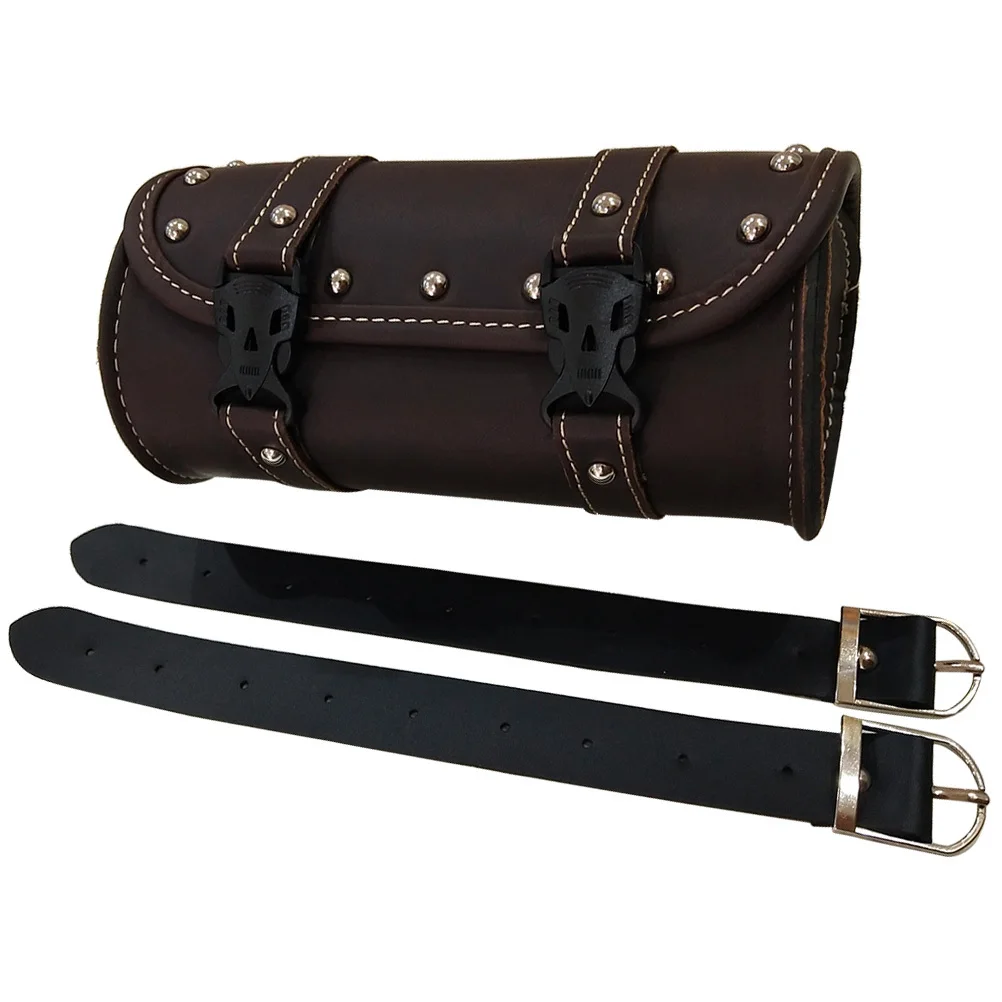 

Universal Saddlebag Pu Waterproof Tool Bag Mounting Straps Large Storage Dark Brown Round Design For Bike Scooter