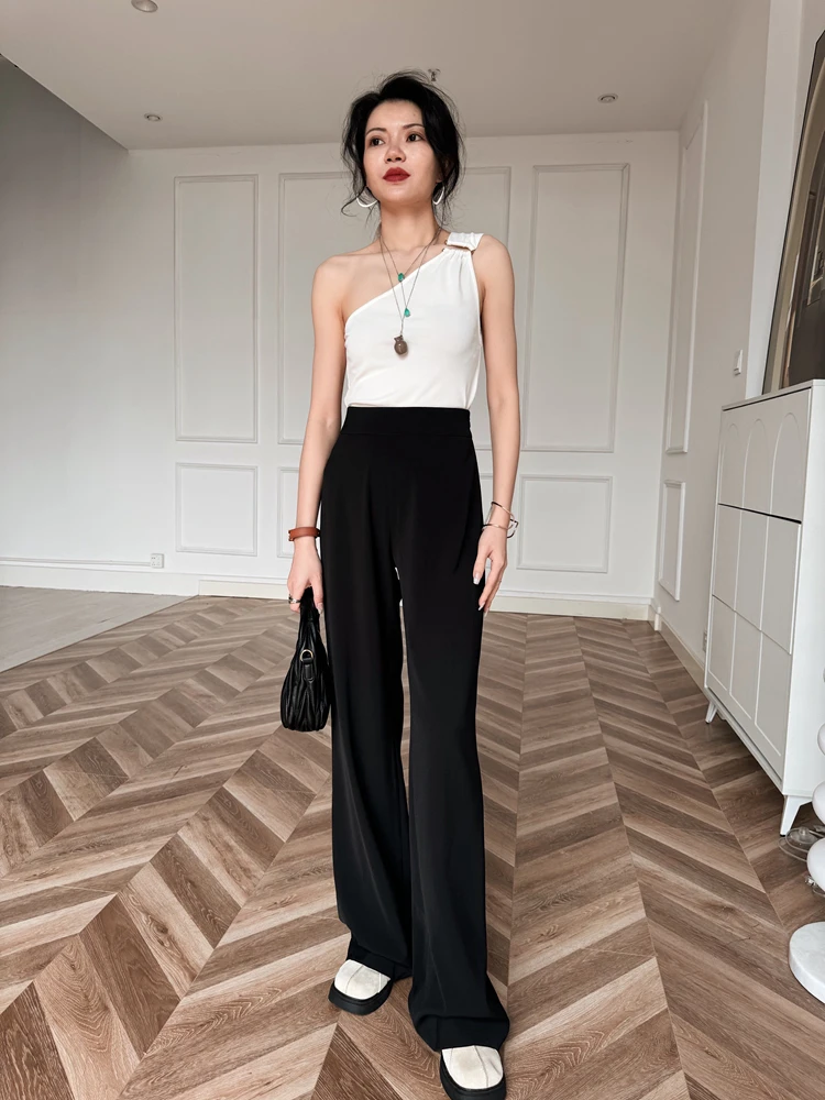 

Брюки длиной до пола из ацетата с высокой талией и драпировкой, коврик на молнии сбоку, женский деловой костюм, прямые брюки