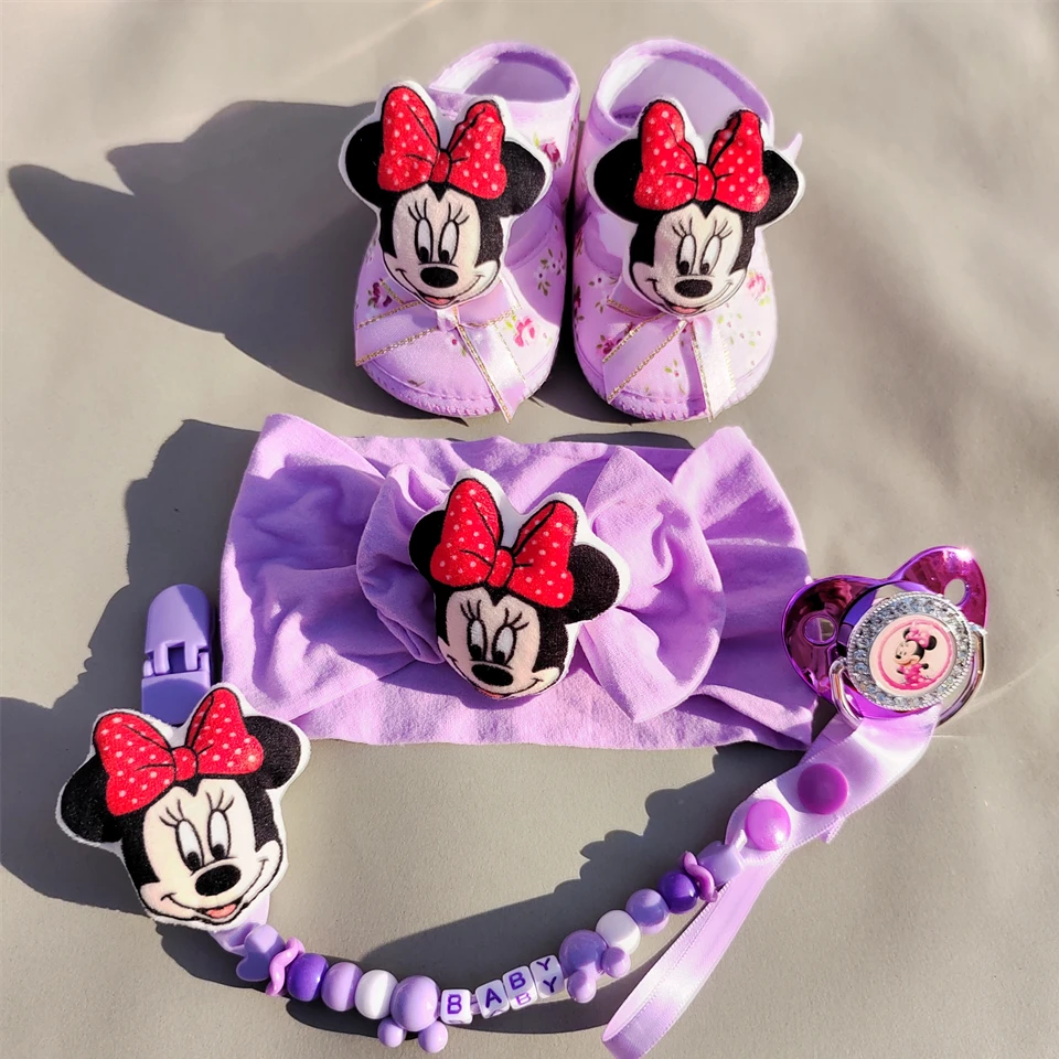 [New] Purple Small Flower Print Doll Matching Plush Minnie Mouse Girl Headband Set 0-8M Inner Length 11cm Sandals for Girls Boy