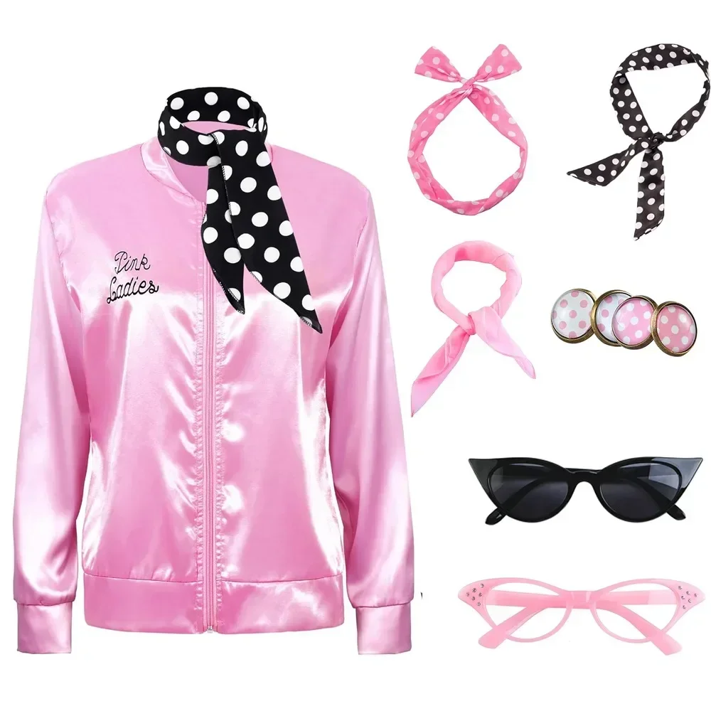 Medieval 50s 60s disco chaqueta de satén rosa cuello bufanda diadema pendientes gafas de ojo de gato disfraz de Halloween Cosplay para mujer chica