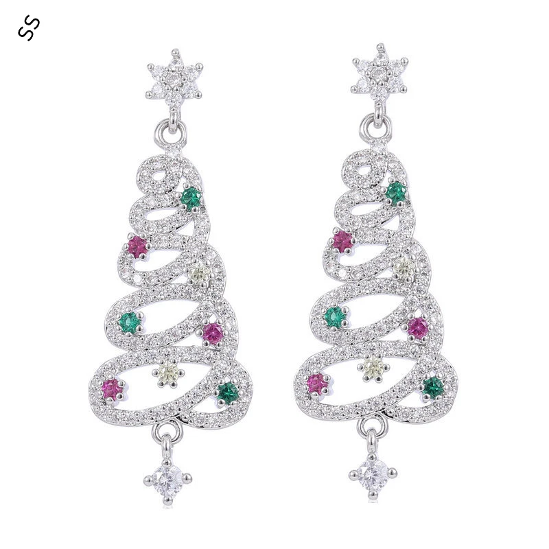 

925 Silver Needle European and American Festive Atmosphere Earrings High Grade Gemstone Zircon Snowflake Christmas Tree Ear-pins