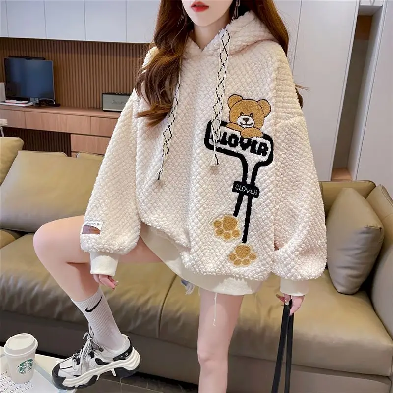 

Fashion Lamb Wool Hoodies Women Casual Loose Cute Bear Hooded Coats Autumn Winter Trendy Warm Hoodie Aesthetic Coat Y2k Clothes