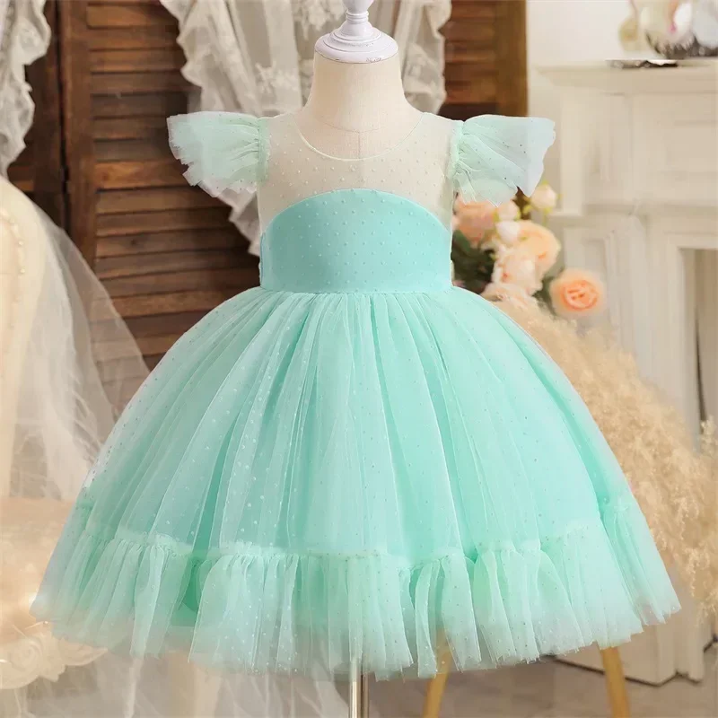 Toddler Tulle Dress for Flower Birthday Backless Bow Girls Gown Kids Party Wear Prince Pink Dresses Cute Baby Girl Bowknot Dress