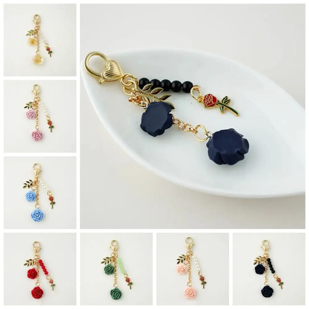 Bag Accessories Flower Keyring 3D Rose Camellia Keychain Metal Leaf Pearl Tassel 8 Colors Alloy Earphone Case Hanging