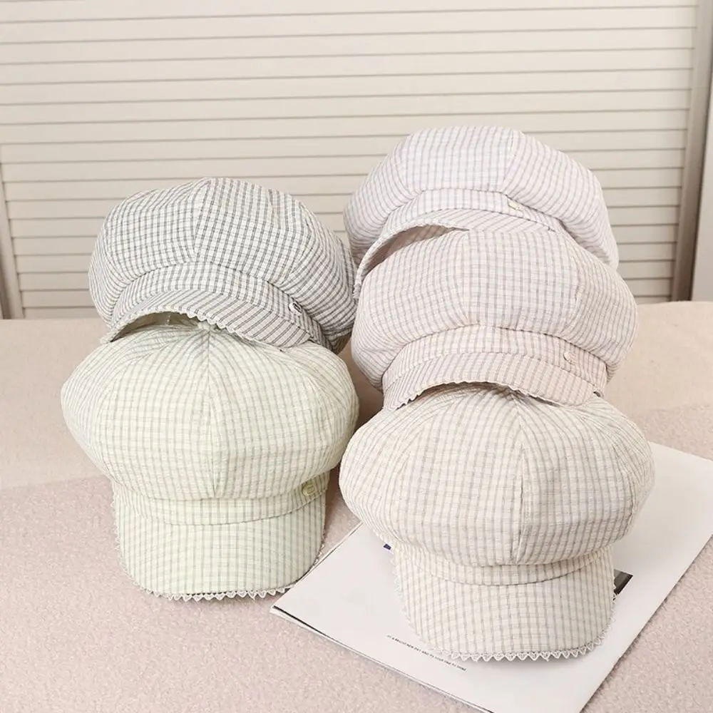 Korean Spring Summer Plaid Berets Thin Lace Brim Newsboy Caps Casual Y2k Octagonal Hat for Women