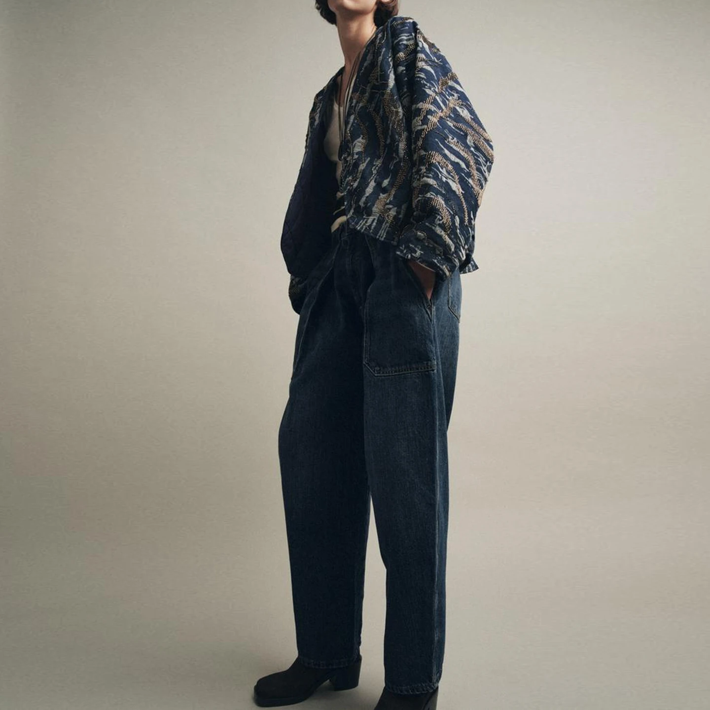 Faionable Beaded Denim Effect Cotton Kimono Sle Jaet Women's ort Outerwear Stand Fit European Sle Long Sve