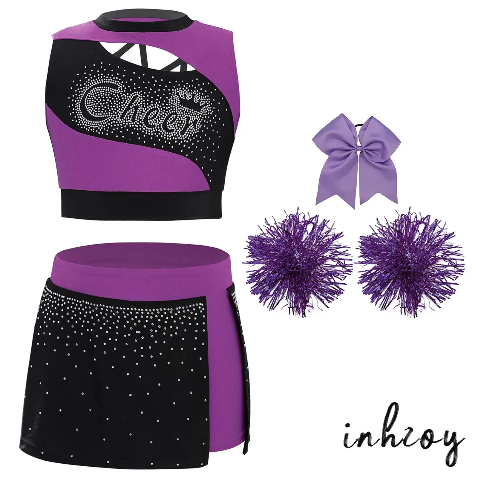 

Kids Girls Vibrant Cheer Dance Performance Outfit Adjustable Cheerleading Crop Top with Matching Skirt And Pom Poms Headwear