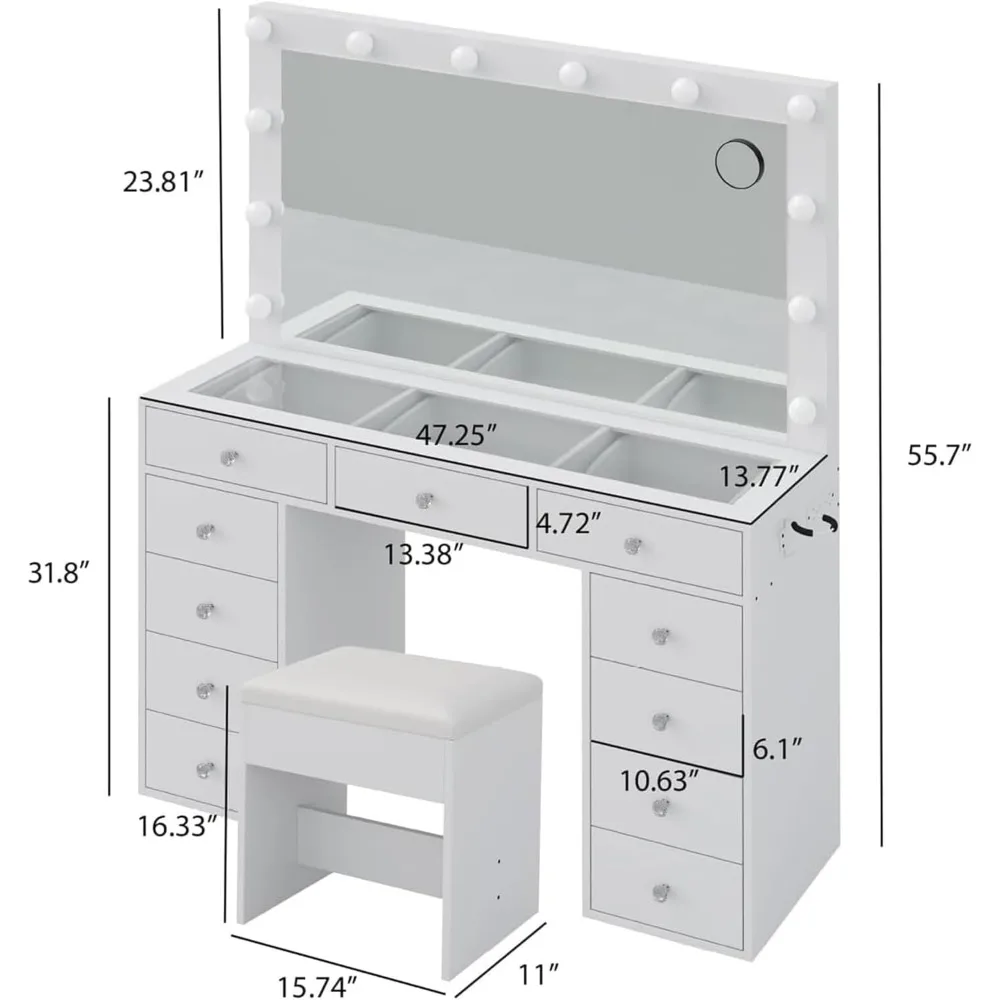 White Vanity Desk with Illuminated Mirror & Power Outlet, 11 Drawers Vanity Table with Chair, Makeup Vanity with 12 LED Lights