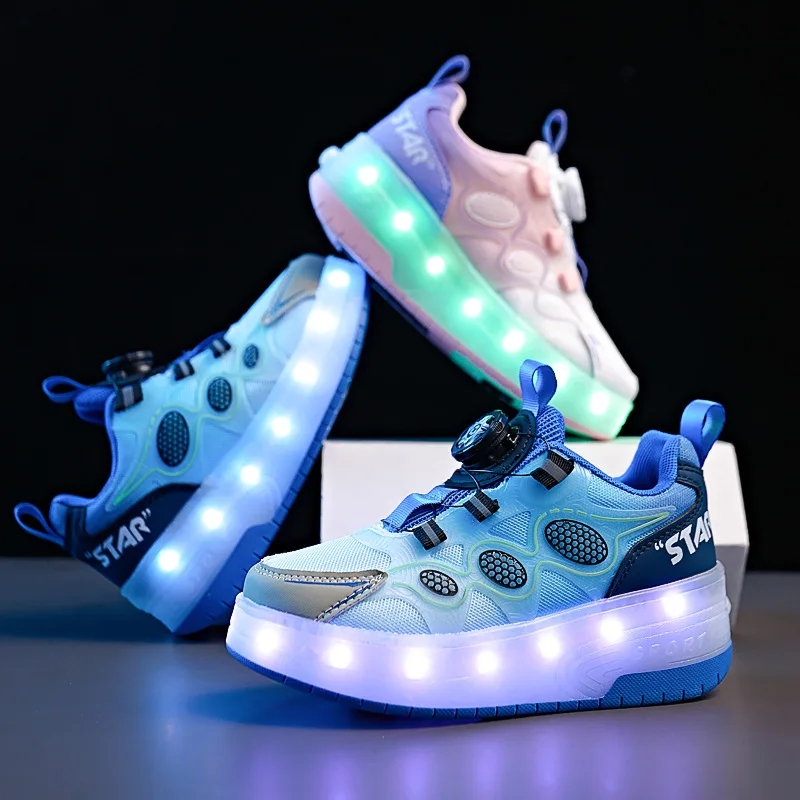 Two Wheels Unisex Children LED Shoes Fashion Swivel Button USB Recharge Roller Skates Mesh Breathable Kids Sneakers Size 28-37