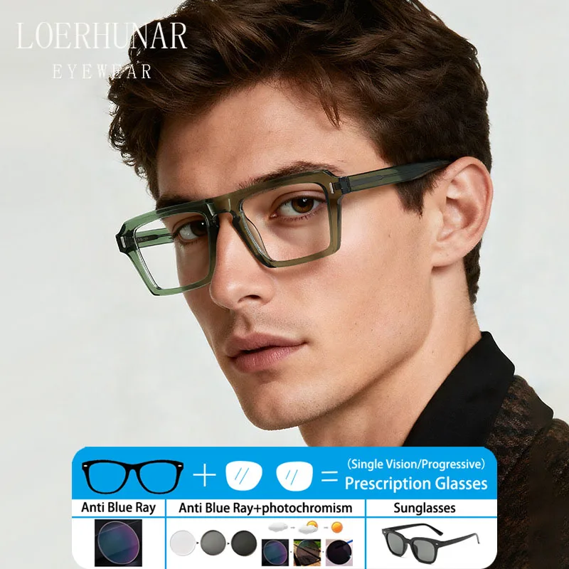

Retro Fashion Rivet Acetate Fiber Insert Square Eyeframe Men Optical Prescription Customized Photochromic Anti Blue Ray Glasses