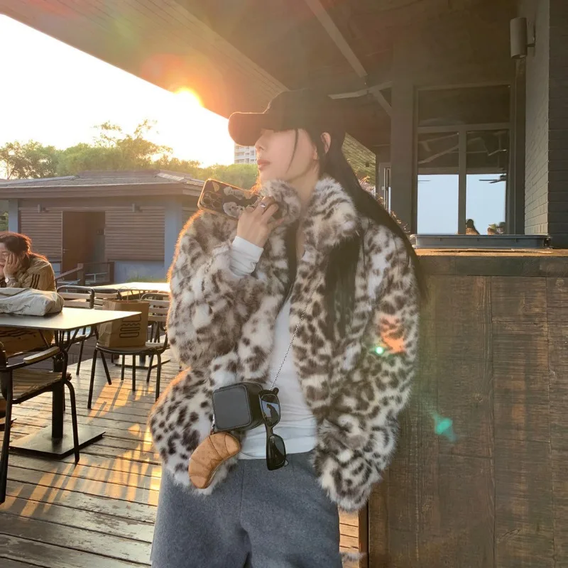 Fashion Leopard Print Faux Fur Coat for Women Luxury Turn-down Collar Long Sleeve Chic Jacket Female 2024 Autumn Winter Outwear