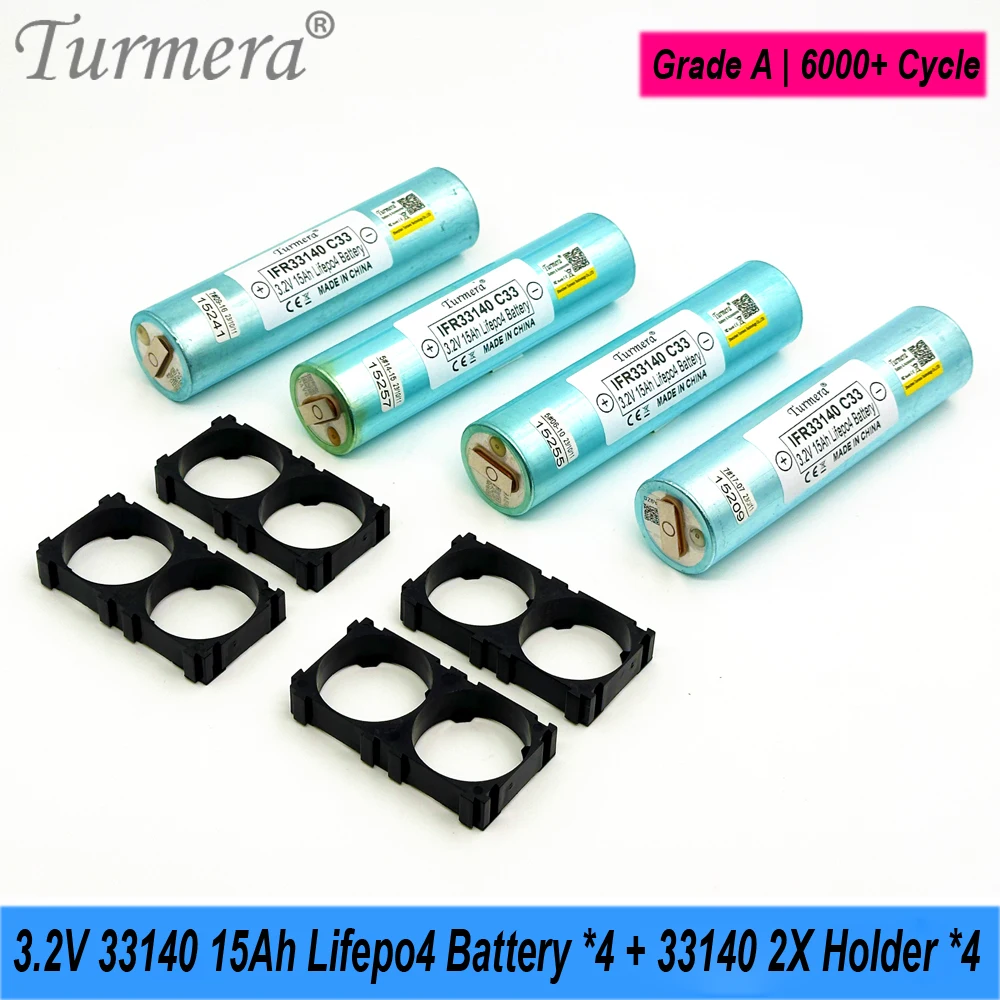 

Turmera 4 шт. 3,2 В 15 Ач 33140 Lifepo4 Батарея из никеля с кронштейном для DIY 12 В 24 В 48 В Аккумуляторный блок ИБП Солнечная система Использование