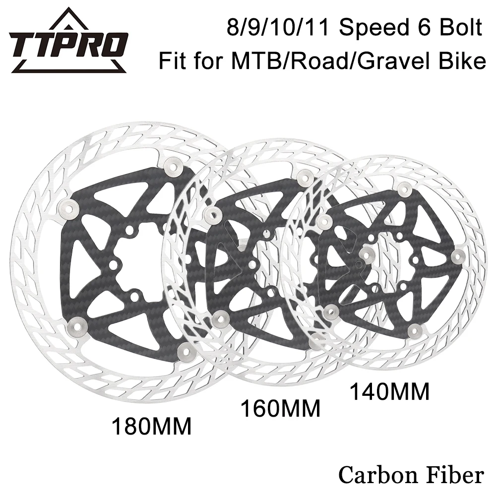 TTPRO Carbon Fiber Bike Disc Brake Rotor MTB Road Bicycle Ultralight 6 Bolts Floating Rotor 140mm 160mm 180mm Brake Bike Parts