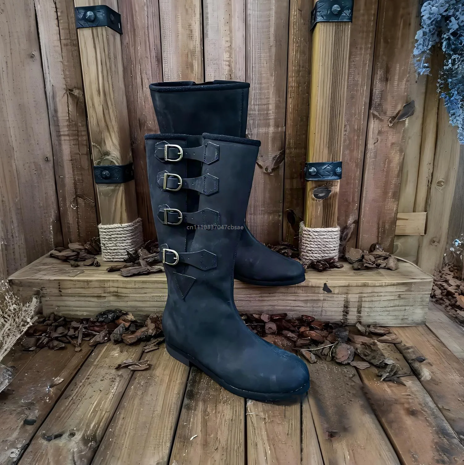 Unisex Medieval Pirate Knight Cosplay Tall Shoes Distressed Flat Pu Leather Carnival Boots Black Four Buckle Knee High Boot 2026 4