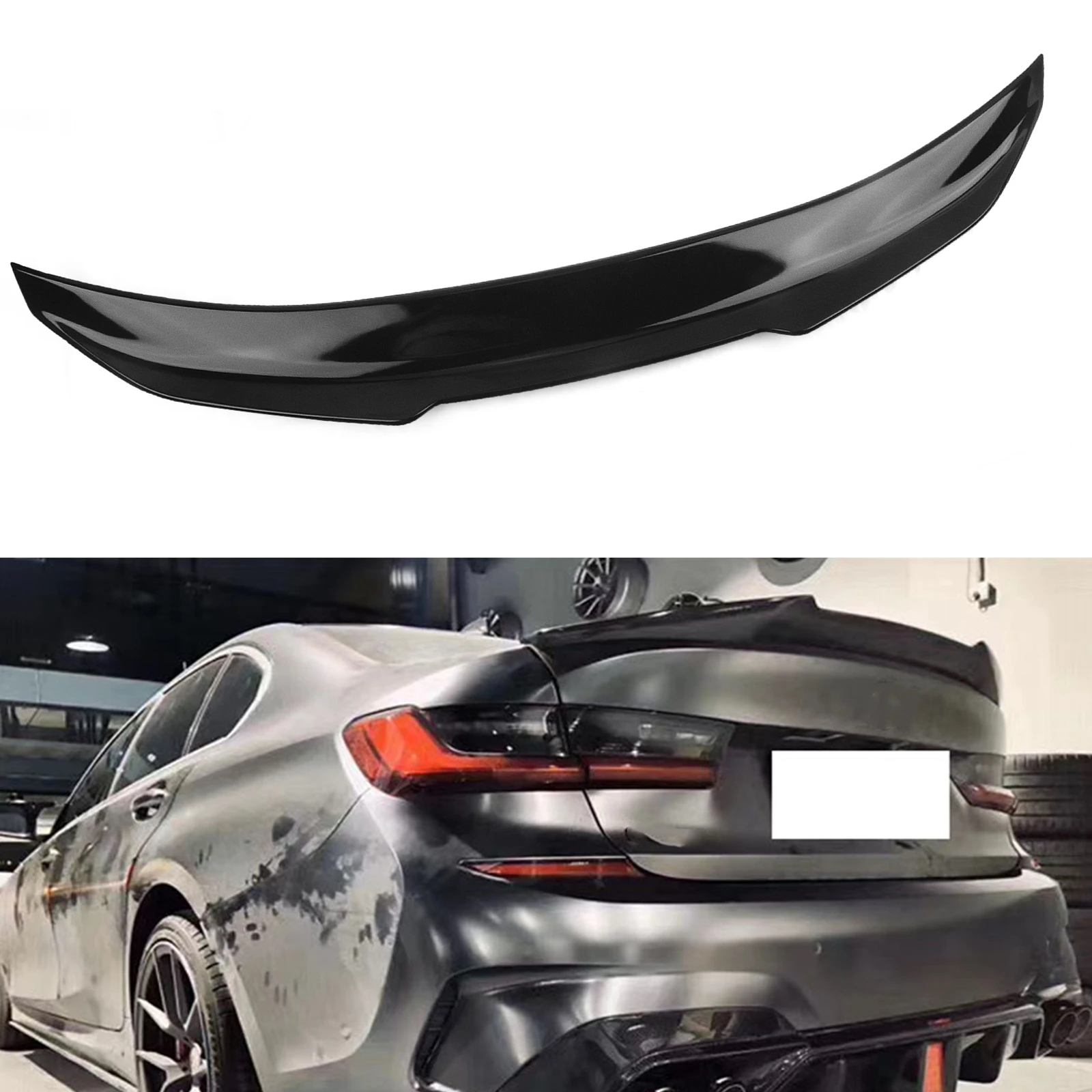 Carbon Fiber Look/Gloss Black Rear Spoiler Wing Trunk Splitter Lip Decklid Flap Trim For BMW G20 330i G80 M3 2019-2024 M340i PSM