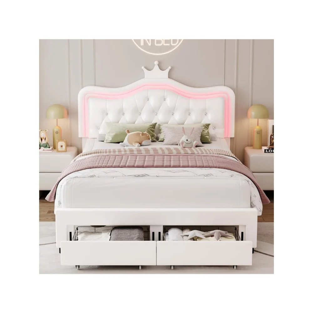 Upholstered LED Bed Frame with Storage Drawer, Leather Princess Platform Bed with Crown Headboard,No Box Spring Needed, White