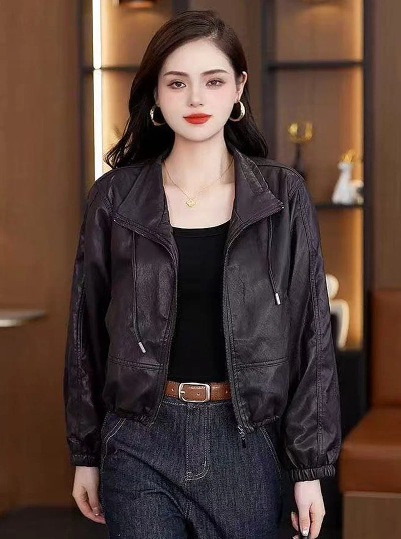 Chic Black Women Faux Leather Jacket Zip Up Lapel Collar Drawstring Hem Loose Oversized Pockets Streetwear Moto Outerwear Top