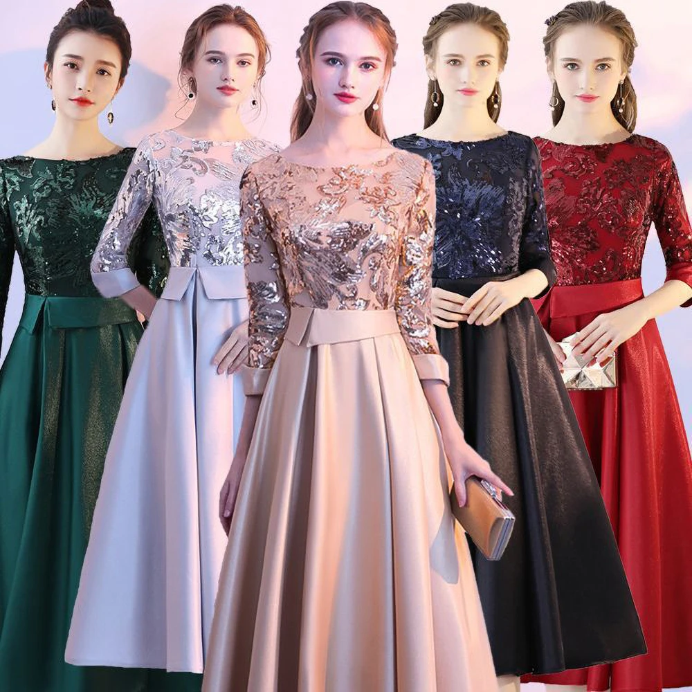 Long Sleeve Formal Sequined Prom Party Dresses Women Temperament O-neck Slim A-line Banquet Evening Gown Quinceanera Dress