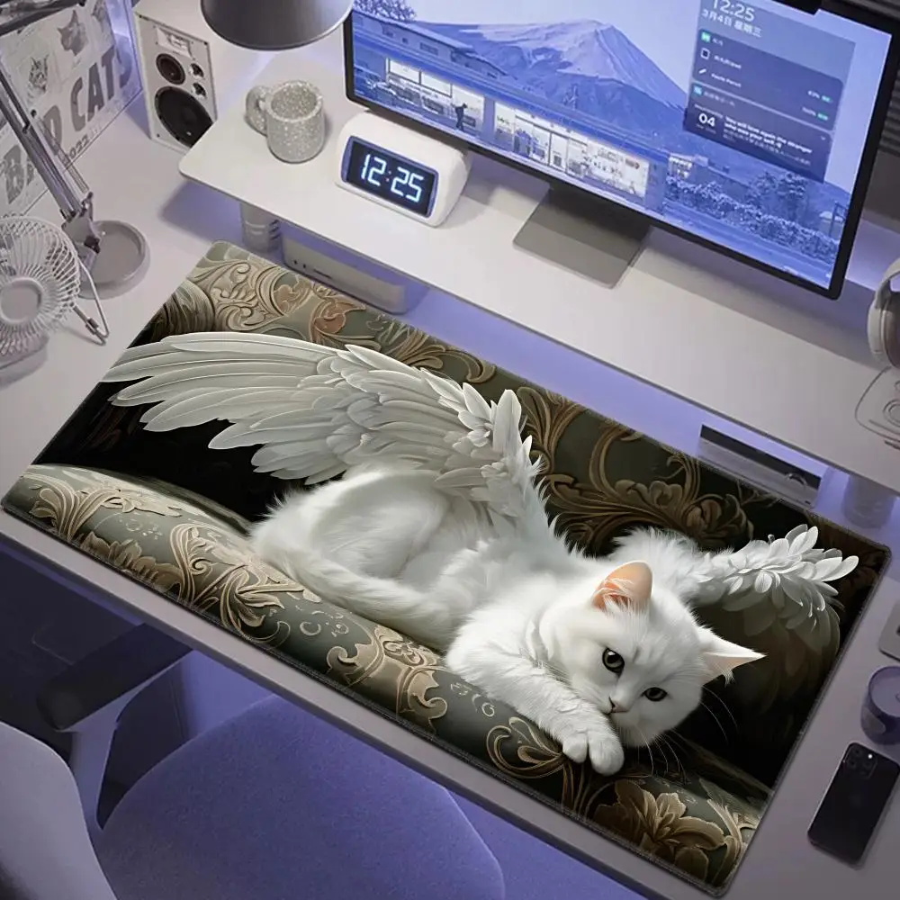 

HYBXAXC Angel Wing White Cat Desk Mat, Fantasy Kitten Extended Mouse Pad, Non-Slip Keyboard Pad