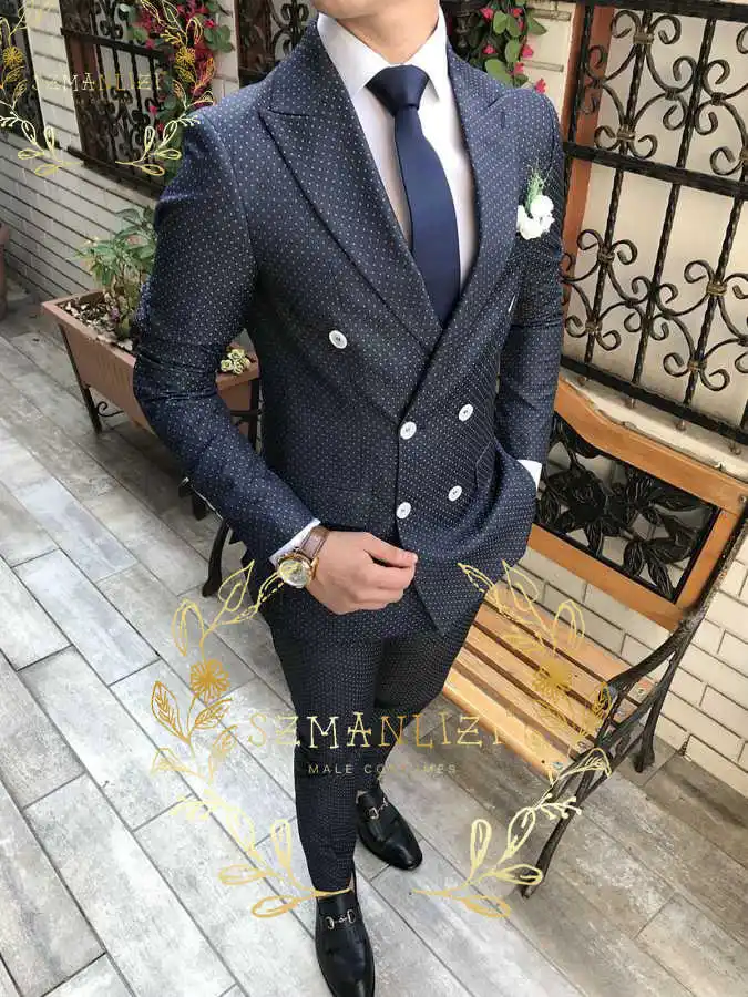 

SZMANLIZI Latest Coat Pant Designs Navy Blue Dots Men Suits Business Double Breasted Wedding Male Tuxedos Slim Fit Groom Wear